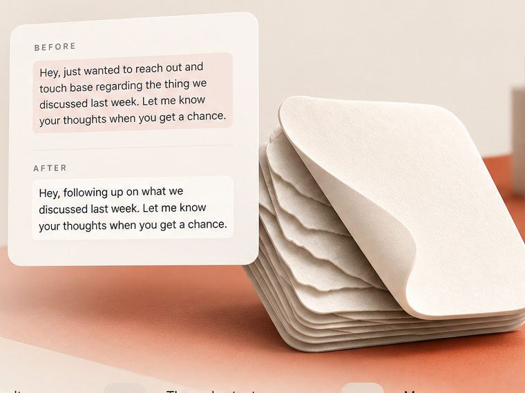 A stack of paper on a terracotta desk, beside a plant and a cup of pens.